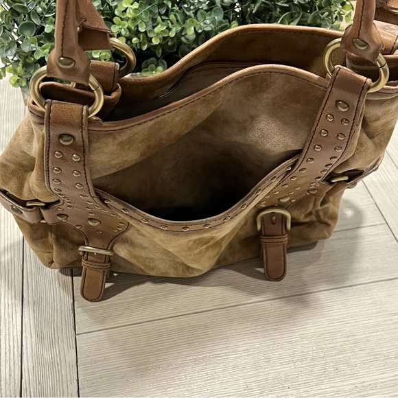 PRITZI Wheat Studded Brass Large Hobo Shoulder Bag Vegan Suede Leather - Picture 11 of 14